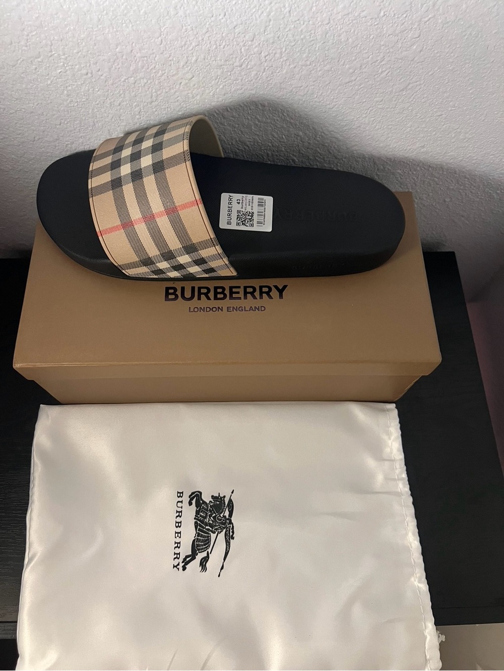 Burberry Black Footbed Slide Sandals with Beige Nova Check Strap